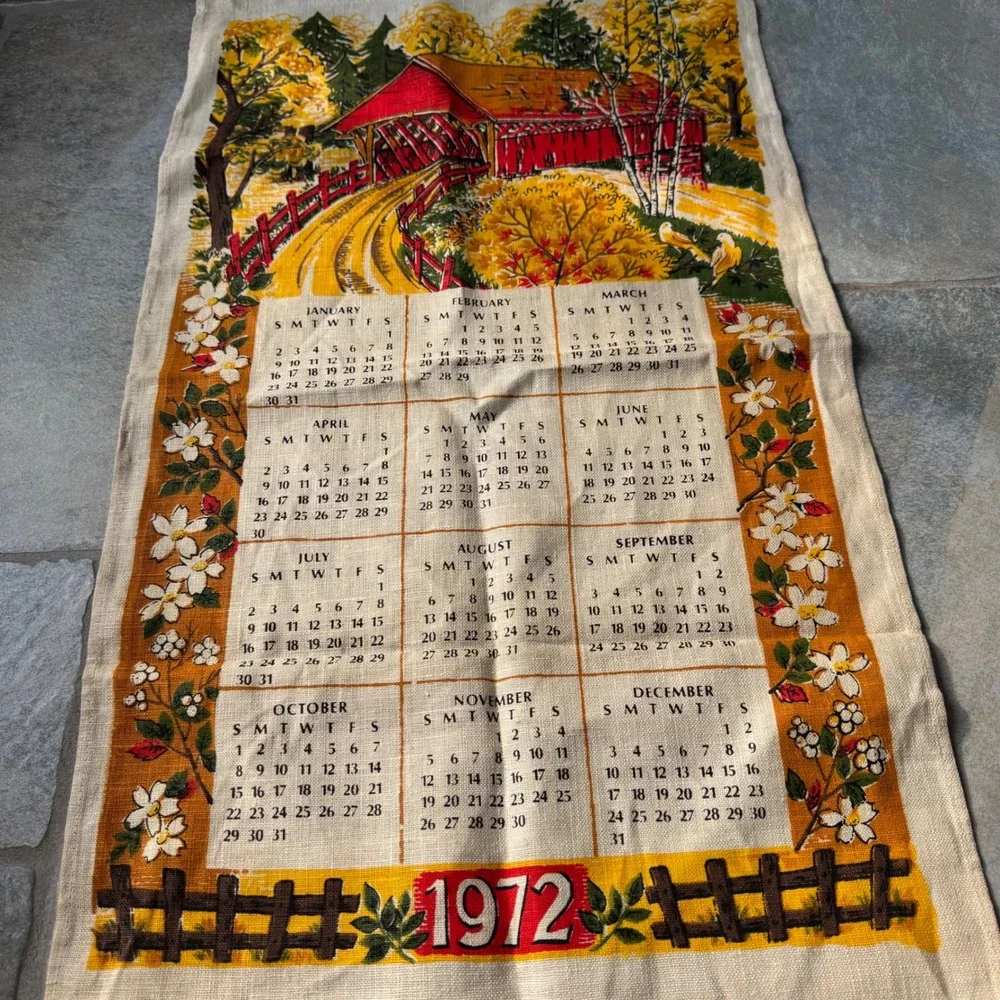 Vintage 1972 Calendar Tea Towel Red Covered Bridge Cottagecore Grandma Fall‎